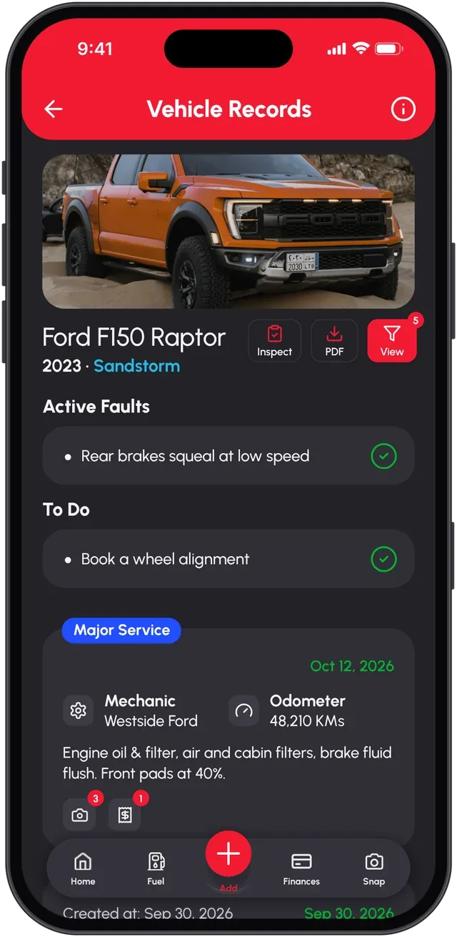 Loggy in dark theme: Vehicle Records for a 2023 Ford F150 Raptor with an active fault, a to-do and a major service log