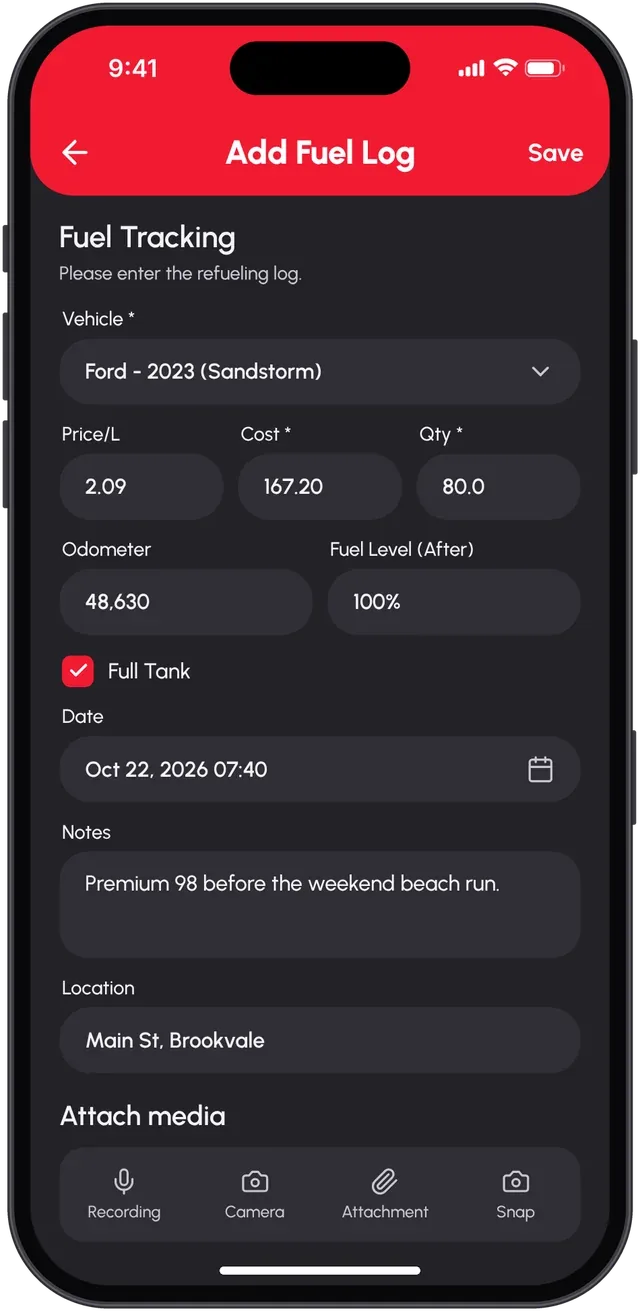 Add Fuel Log in dark theme: price per litre, cost, quantity, odometer, full tank, notes and location