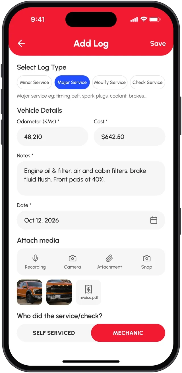 Add Log screen with a Major Service, cost, notes, two photos and an invoice PDF attached